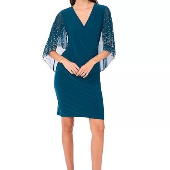 MSK Dresses & Skirts - NWD MSK Neo Emerald Faux Wrap Cape Dress Embellished Pearl Sleeves Size Large